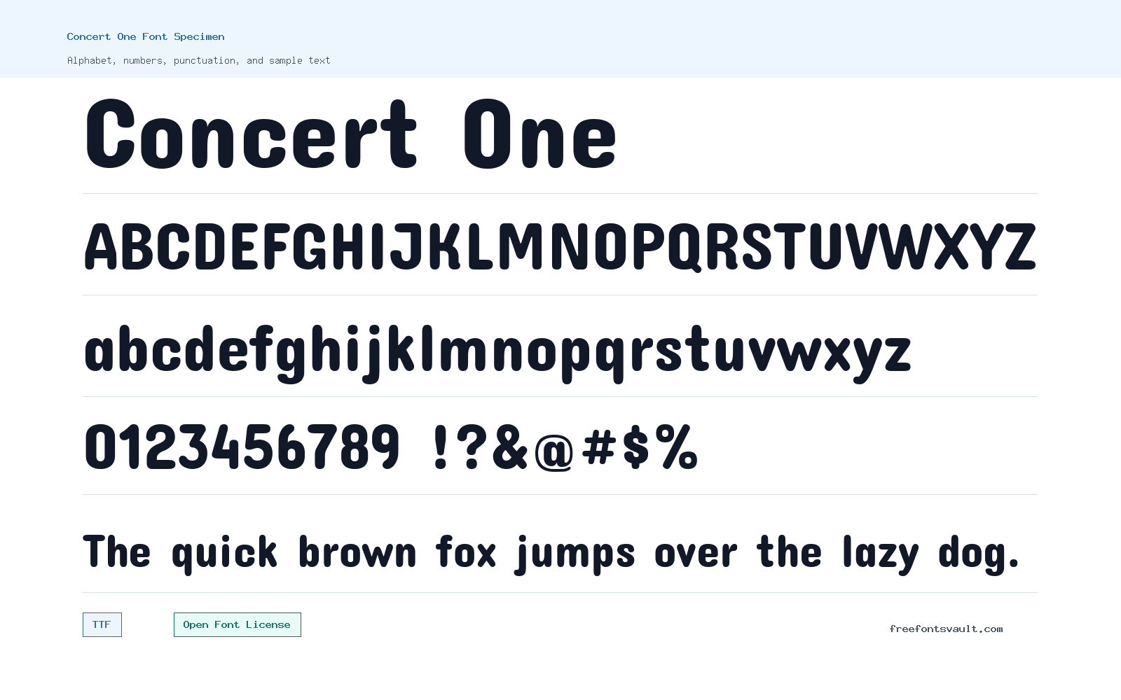 Concert One font specimen showing alphabet, numbers, and sample text