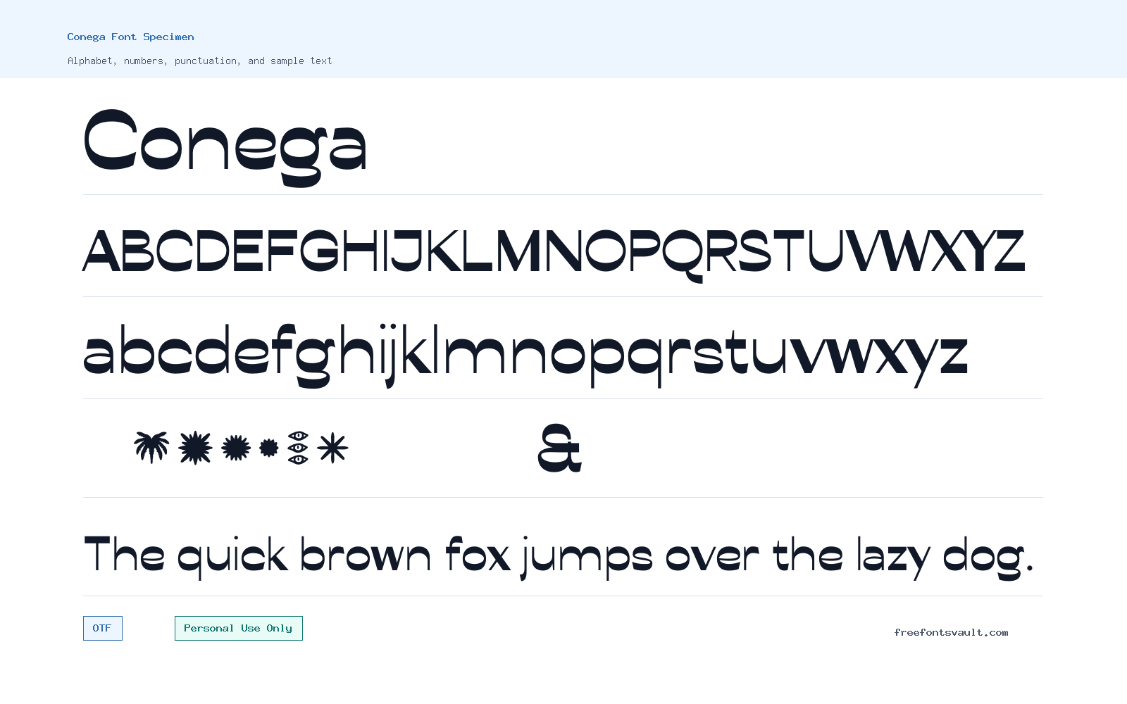 Conega font specimen showing alphabet, numbers, and sample text