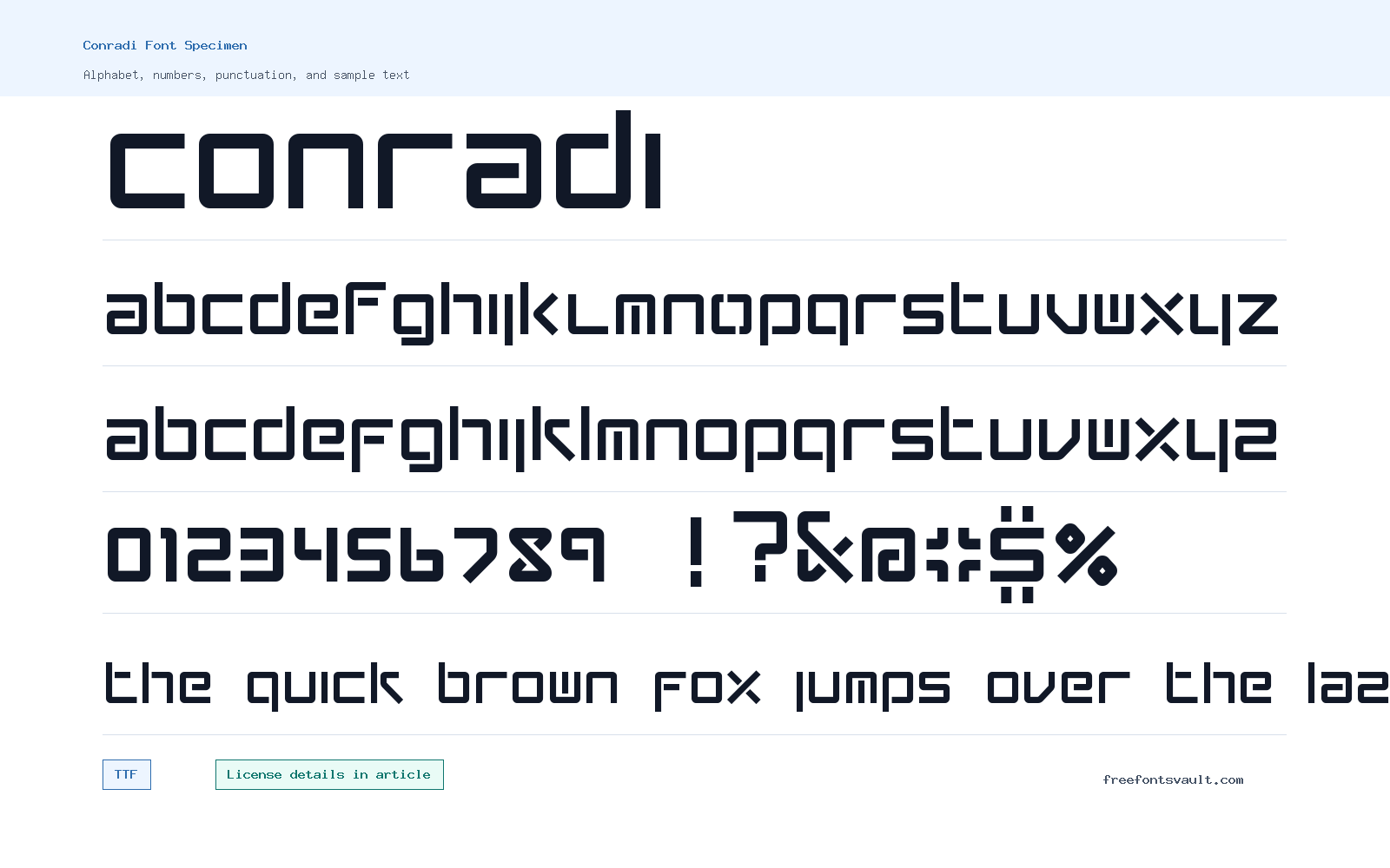 Conradi font specimen showing alphabet, numbers, and sample text