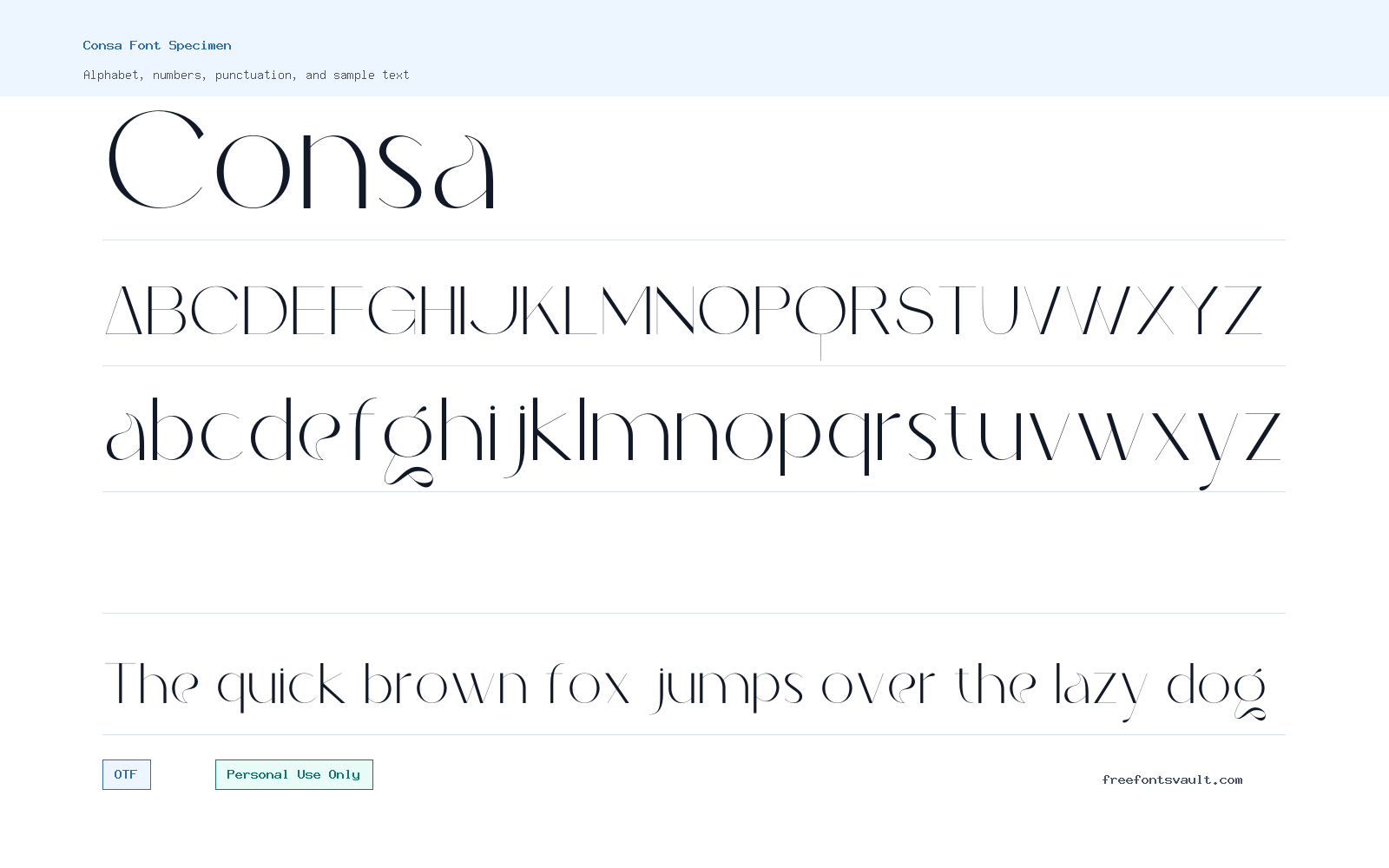 Consa font specimen showing alphabet, numbers, and sample text