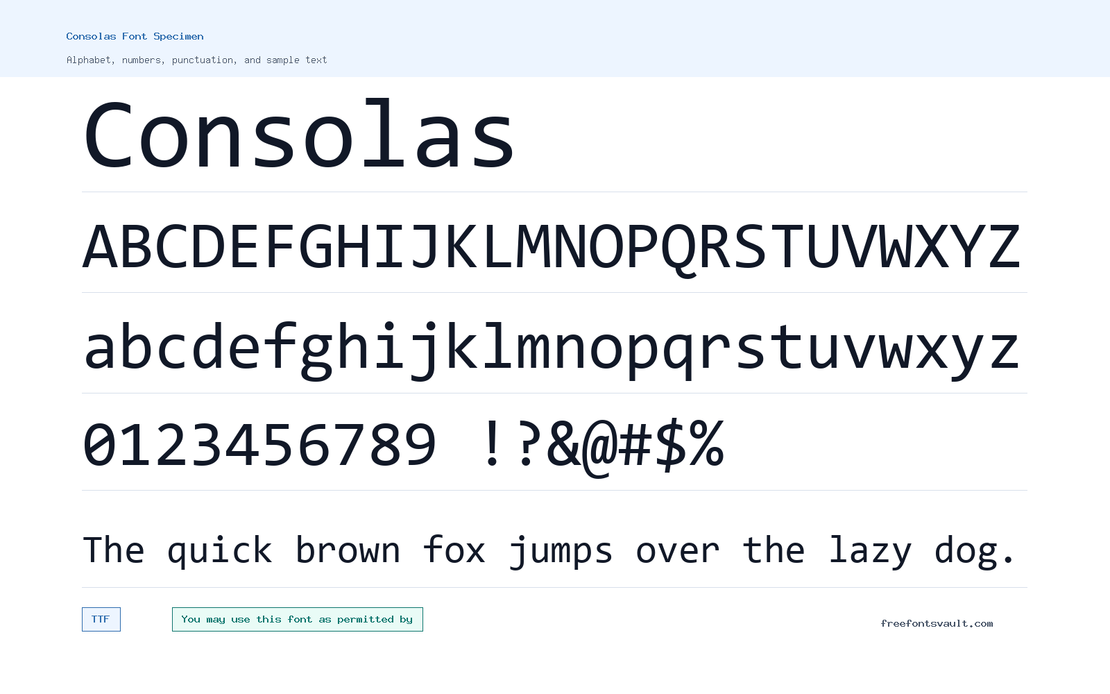 Consolas font specimen showing alphabet, numbers, and sample text