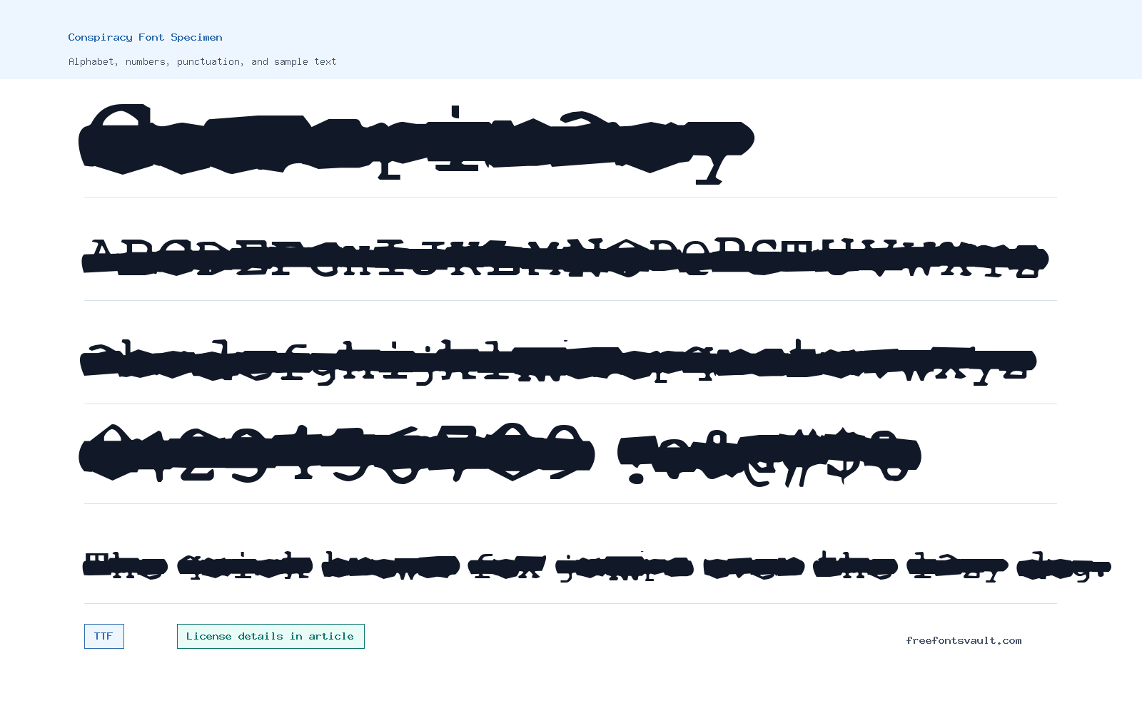Conspiracy font specimen showing alphabet, numbers, and sample text