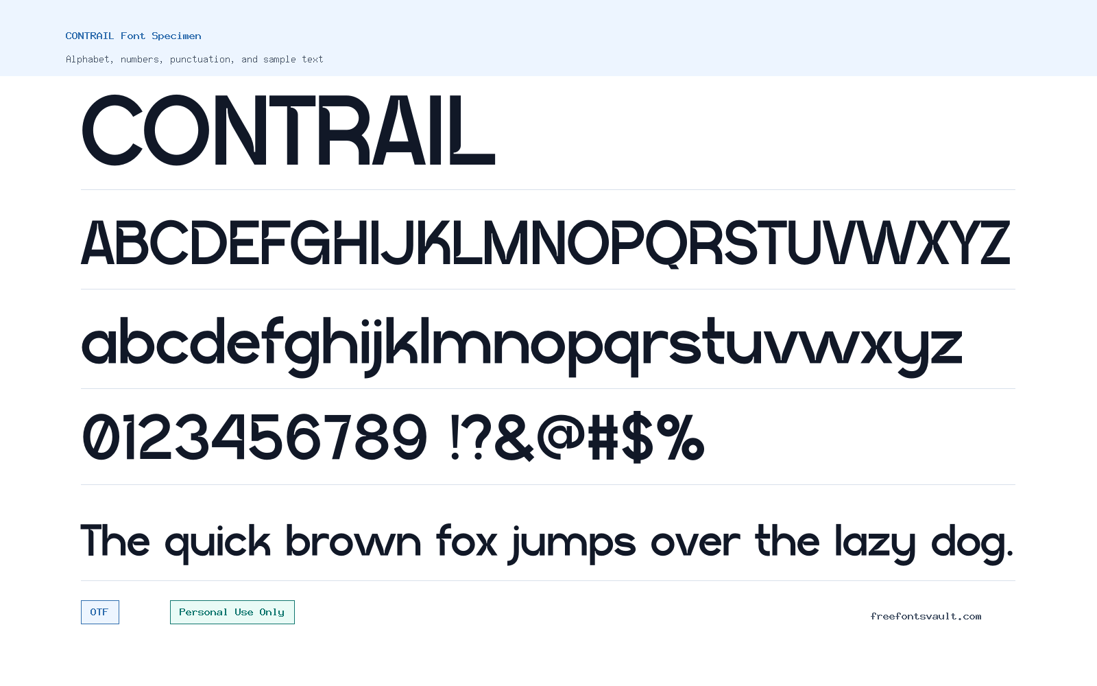 CONTRAIL font specimen showing alphabet, numbers, and sample text