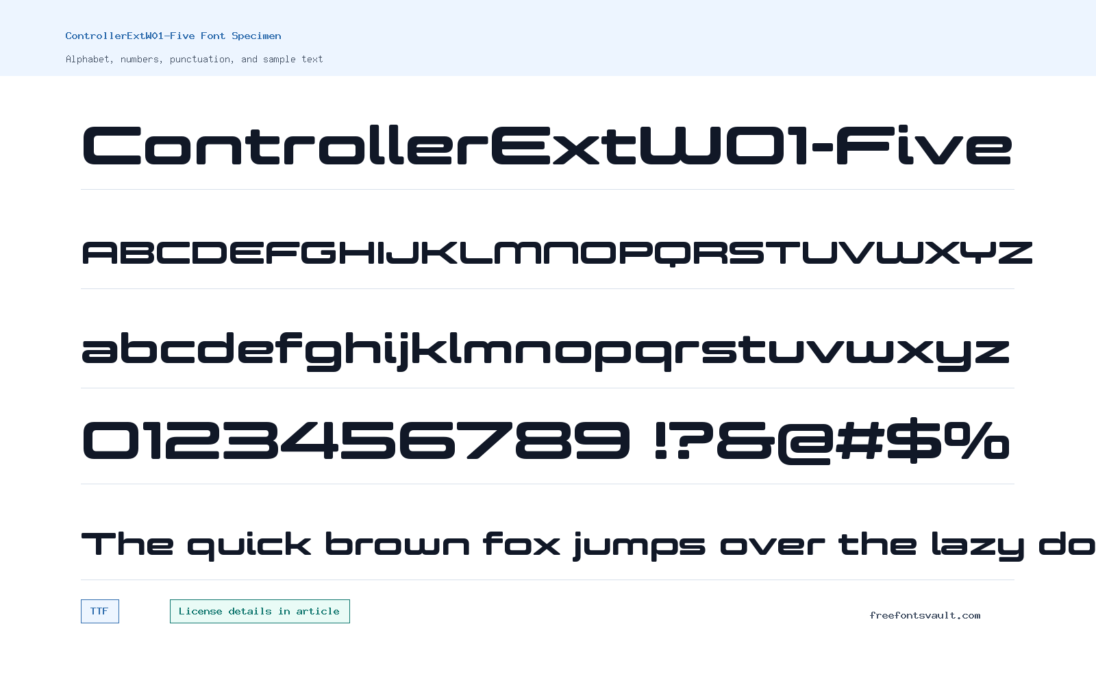 ControllerExtW01-Five font specimen showing alphabet, numbers, and sample text
