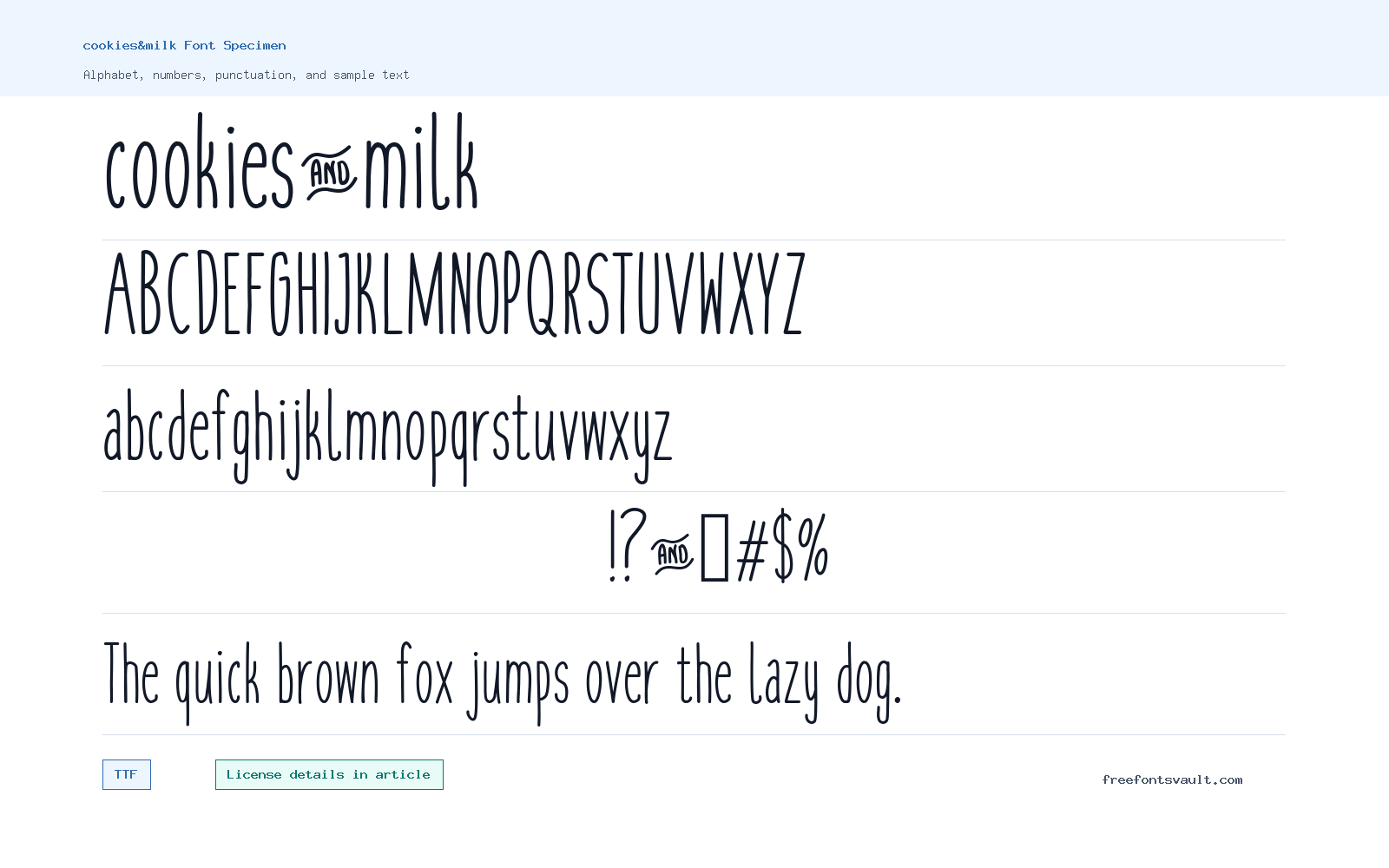cookies&milk font specimen showing alphabet, numbers, and sample text