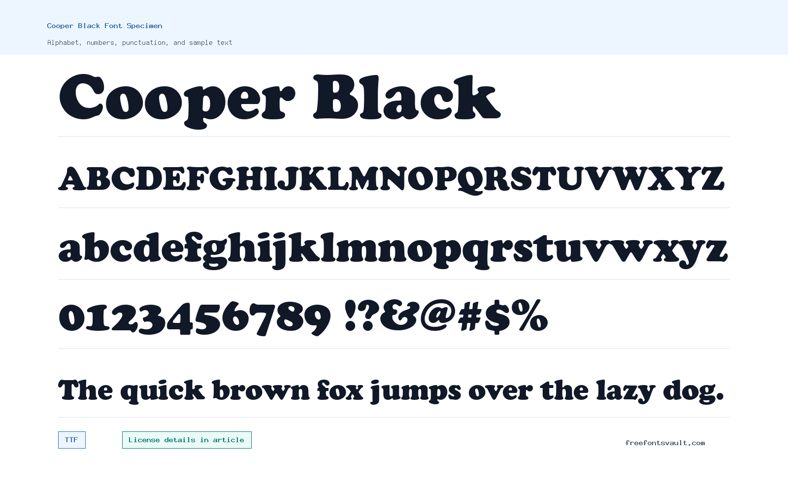 Cooper Black font specimen showing alphabet, numbers, and sample text
