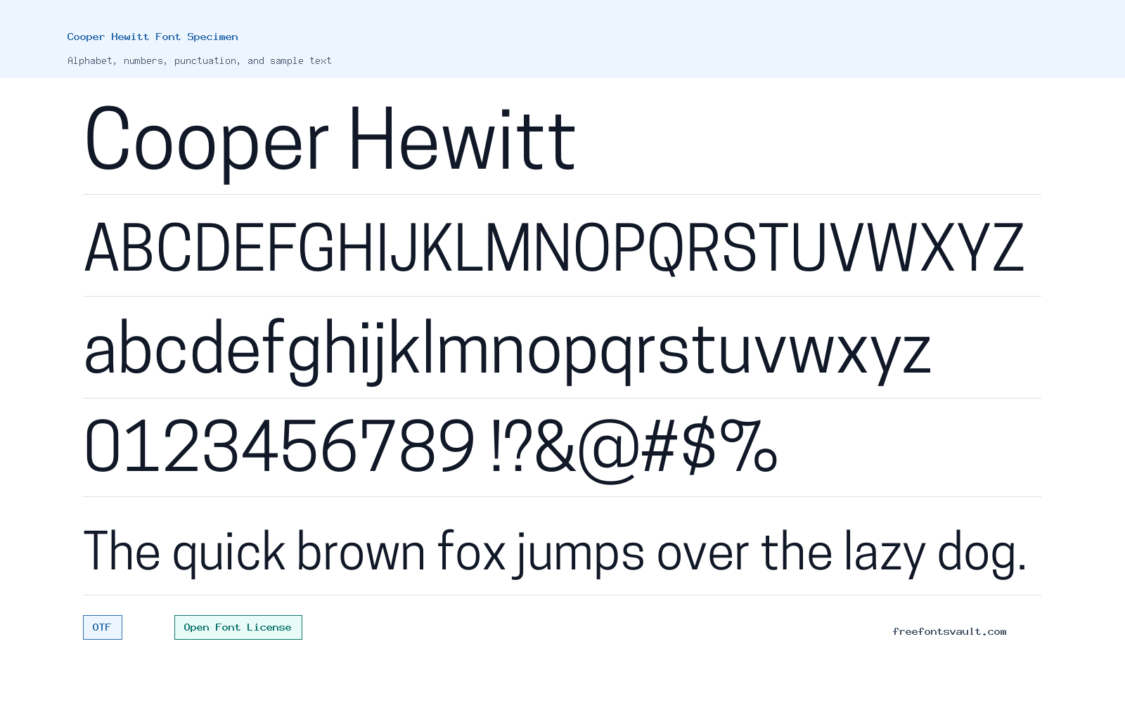 Cooper Hewitt font specimen showing alphabet, numbers, and sample text