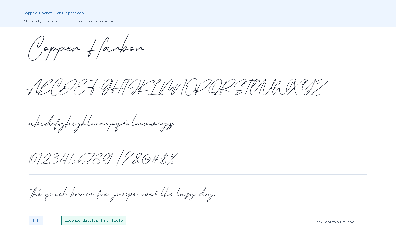 Copper Harbor font specimen showing alphabet, numbers, and sample text