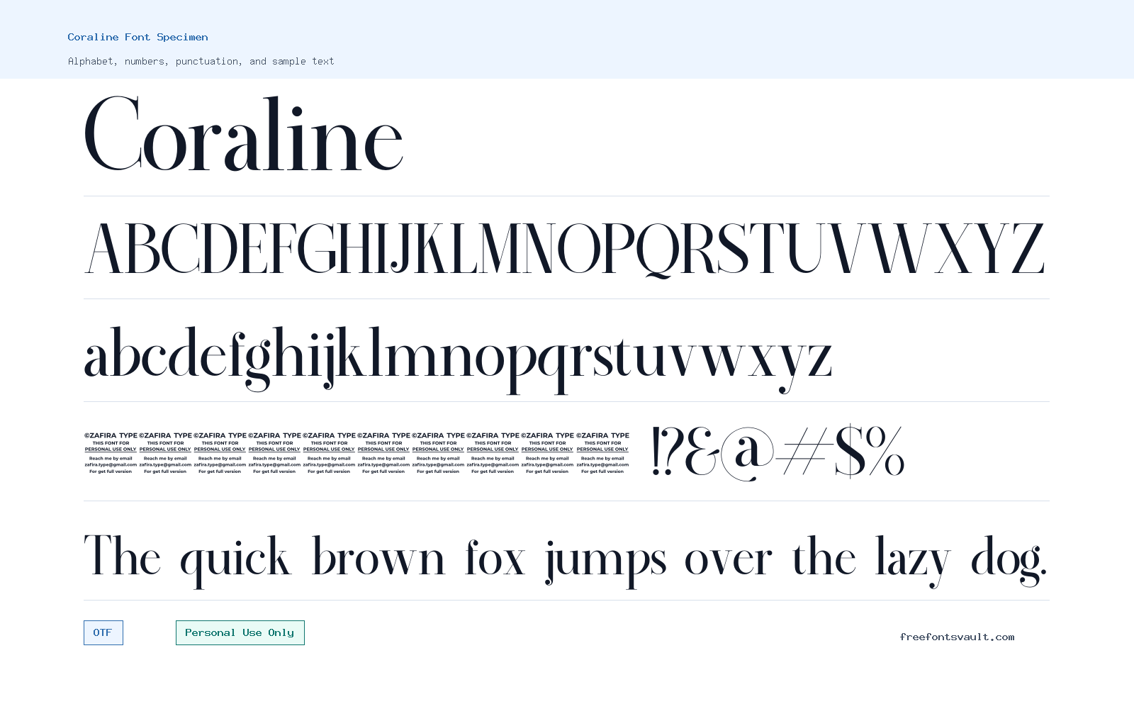 Coraline font specimen showing alphabet, numbers, and sample text