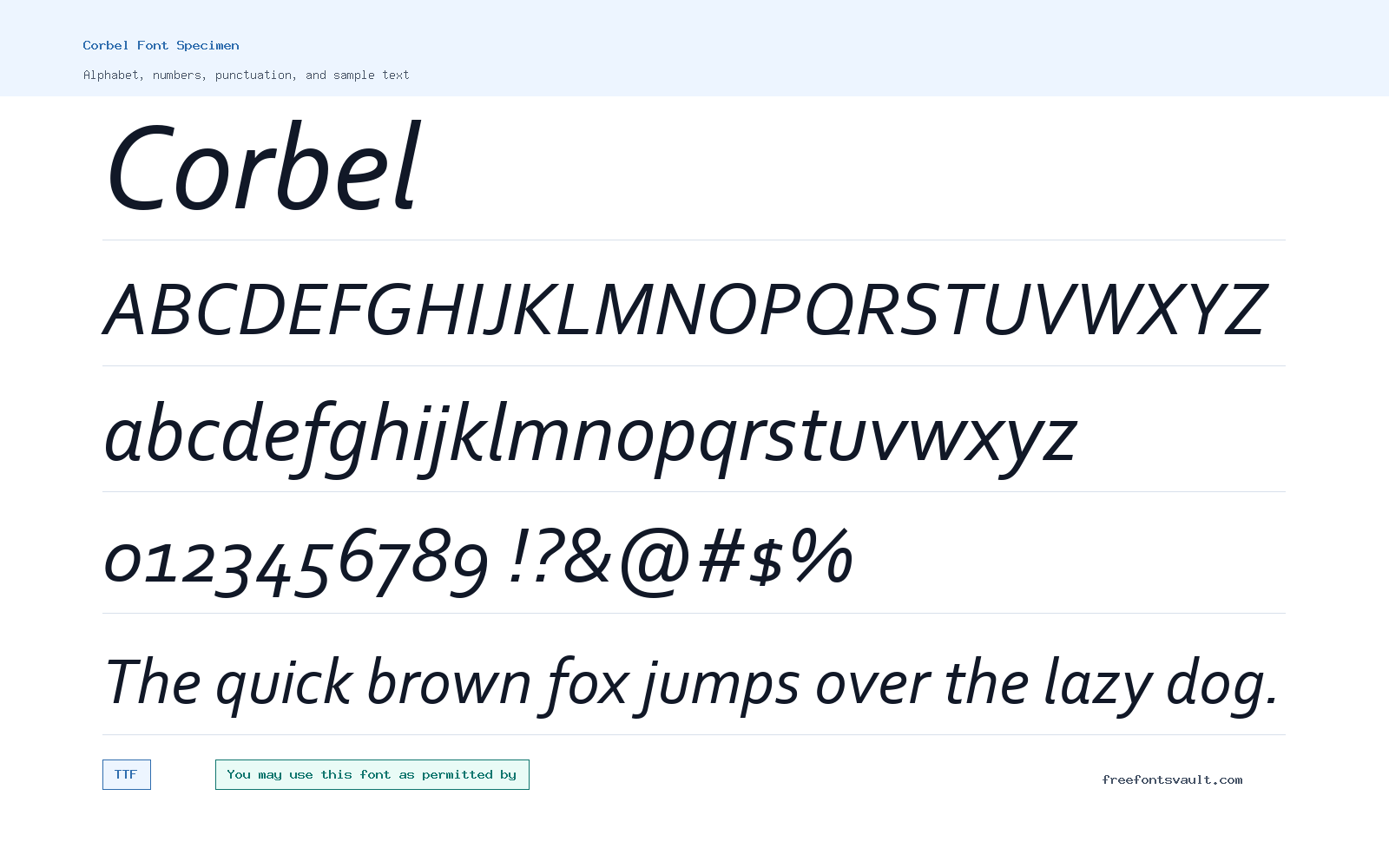 Corbel font specimen showing alphabet, numbers, and sample text