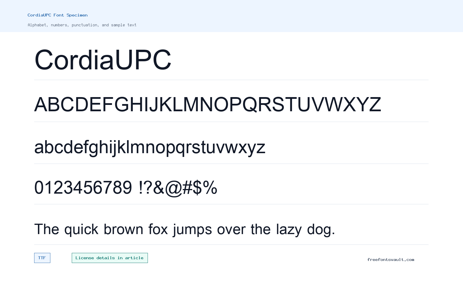 CordiaUPC font specimen showing alphabet, numbers, and sample text