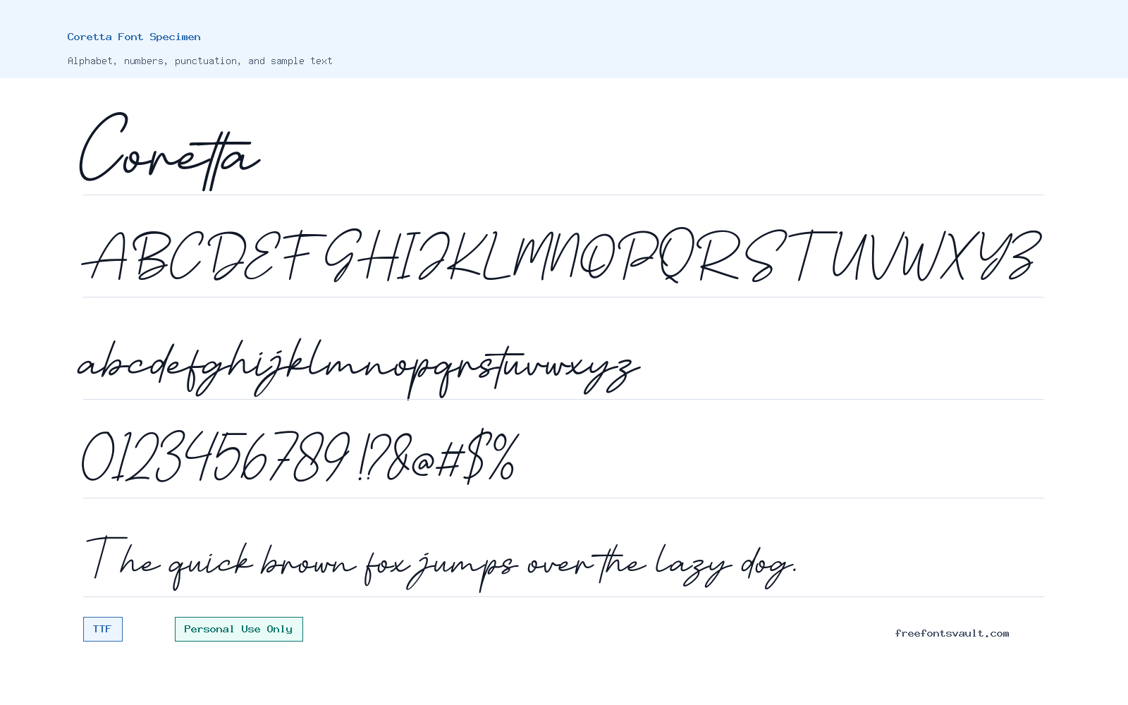 Coretta font specimen showing alphabet, numbers, and sample text