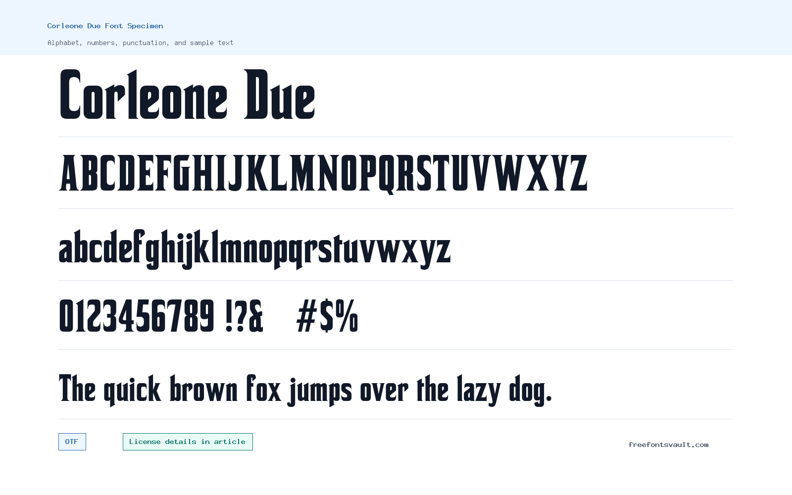 Corleone Due font specimen showing alphabet, numbers, and sample text