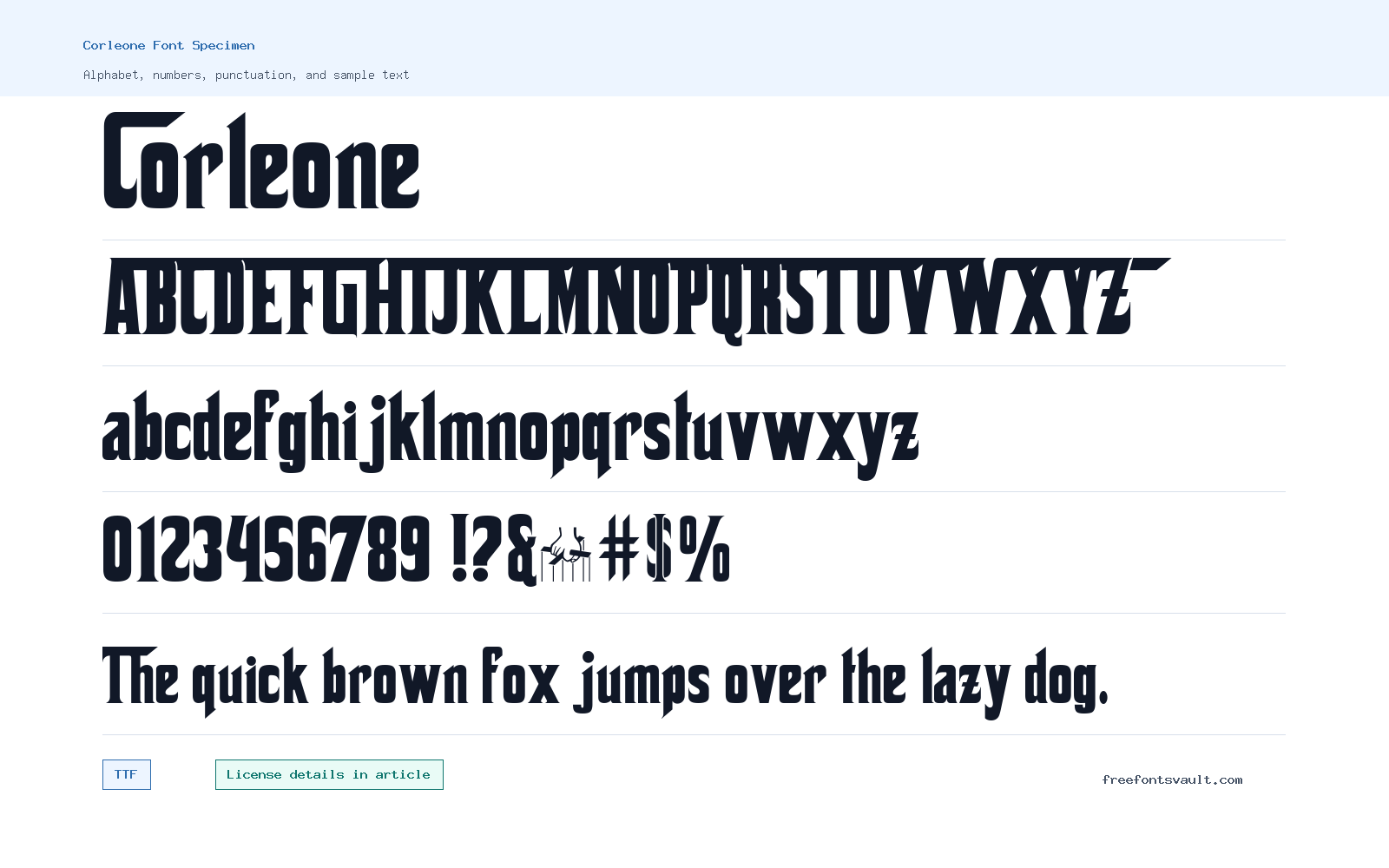 Corleone font specimen showing alphabet, numbers, and sample text
