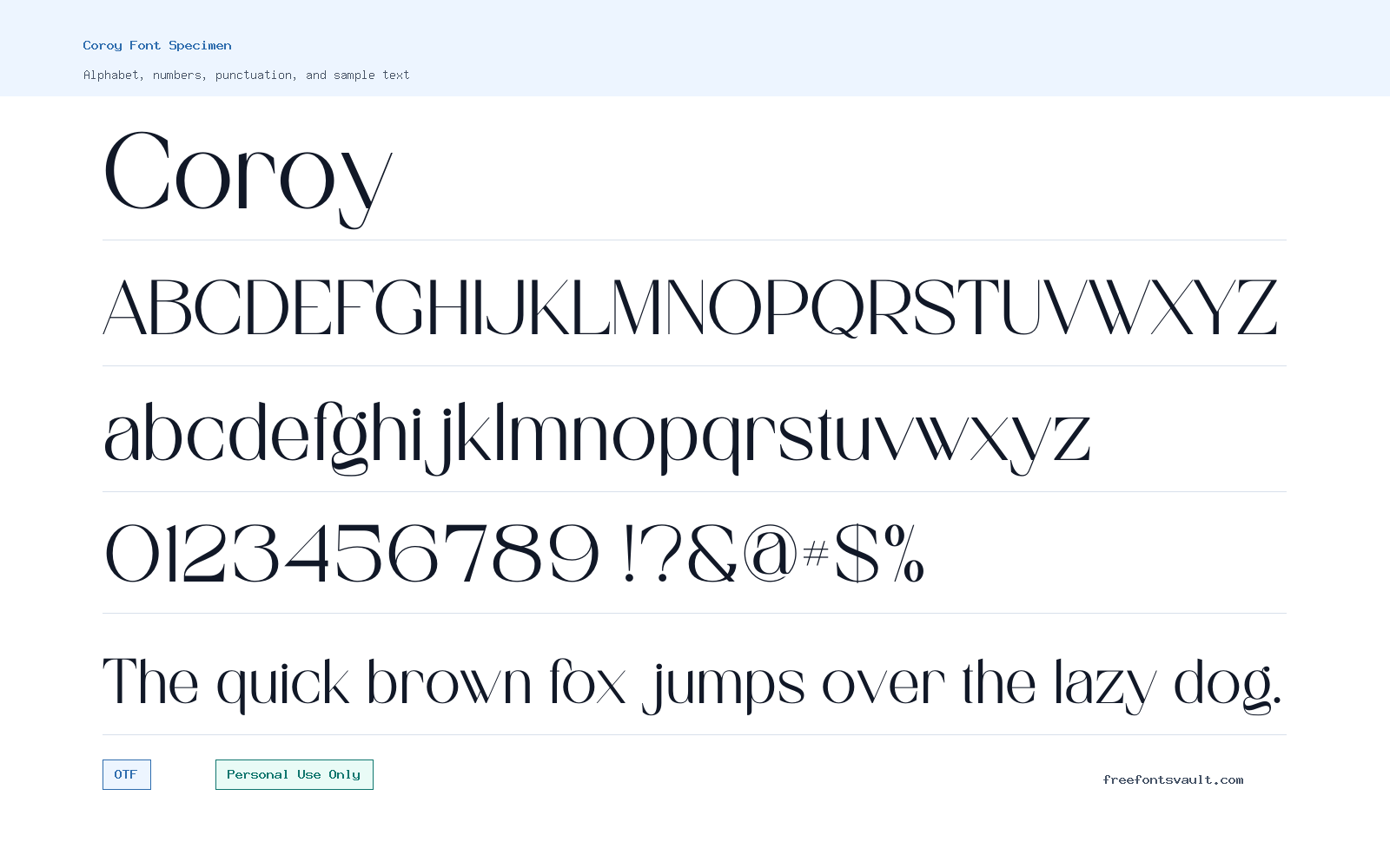 Coroy font specimen showing alphabet, numbers, and sample text
