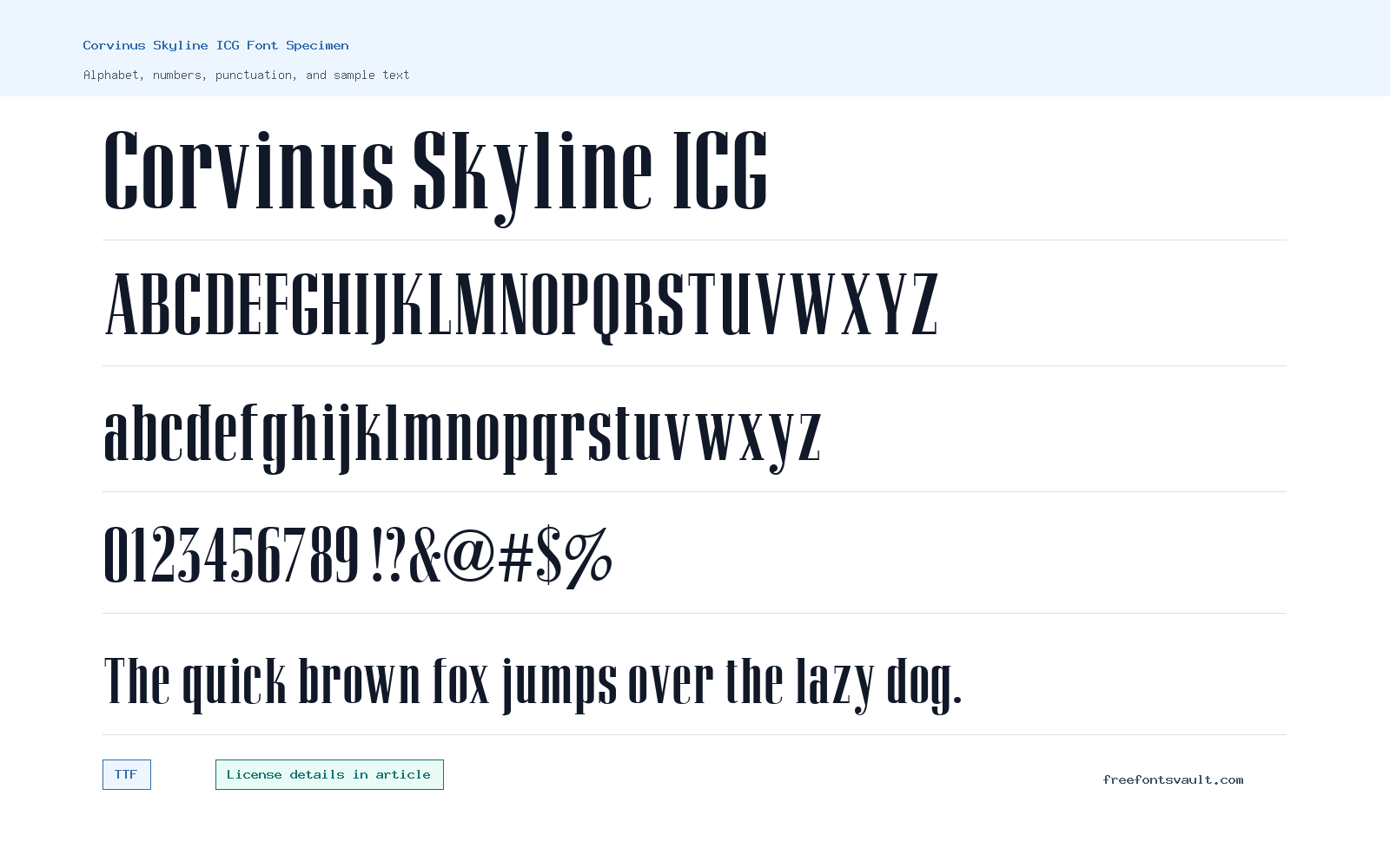 Corvinus Skyline ICG font specimen showing alphabet, numbers, and sample text