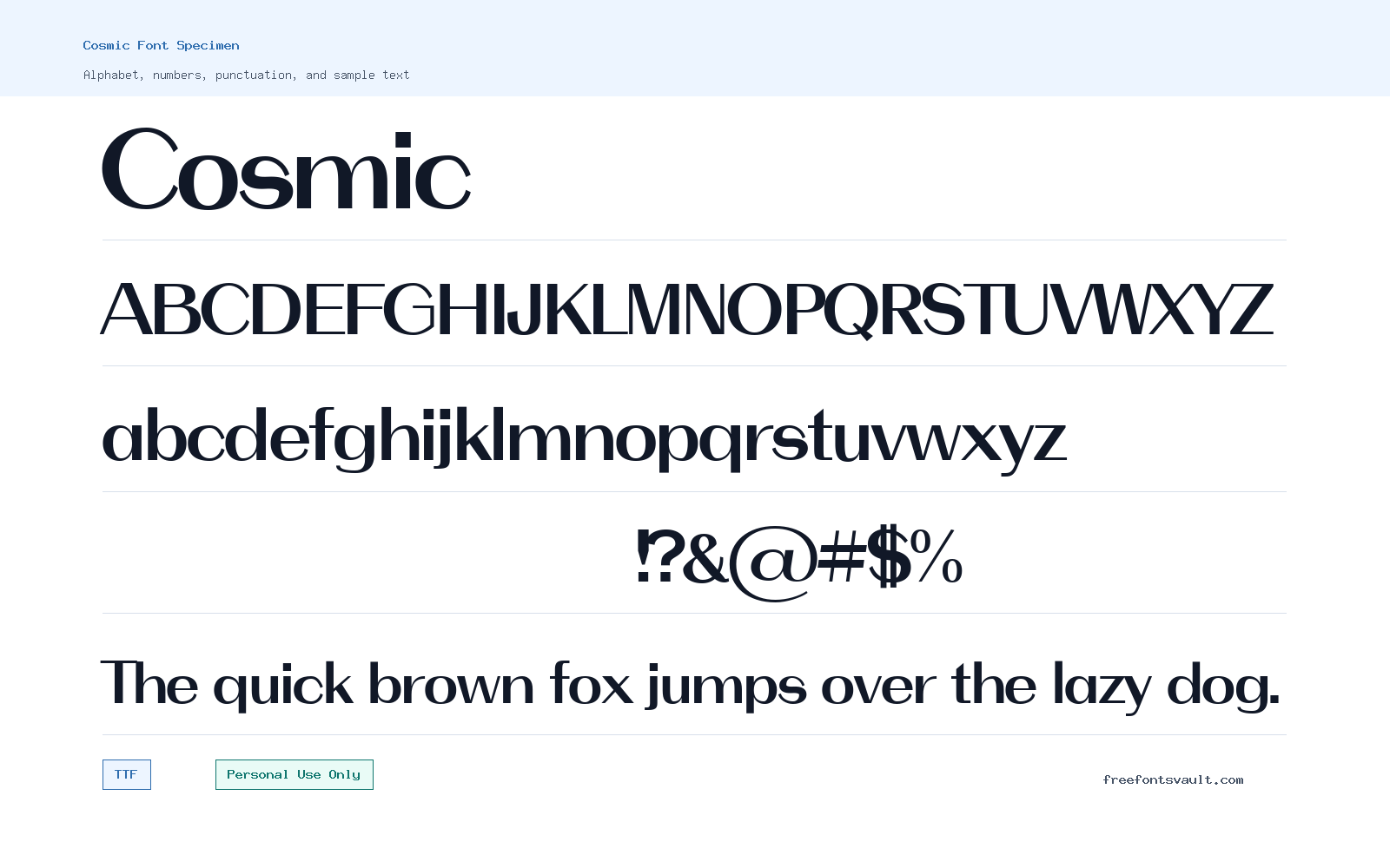 Cosmic font specimen showing alphabet, numbers, and sample text