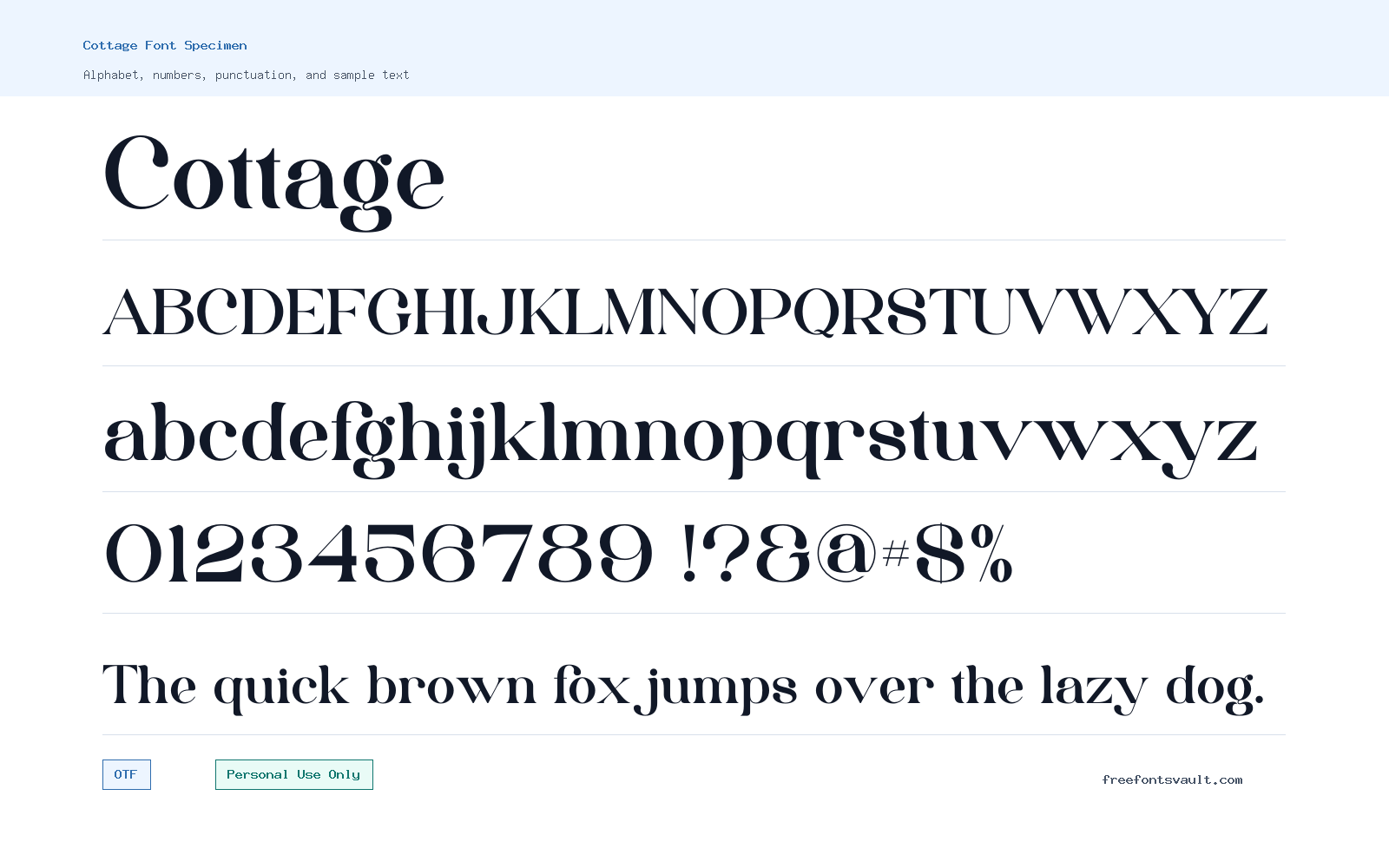 Cottage font specimen showing alphabet, numbers, and sample text