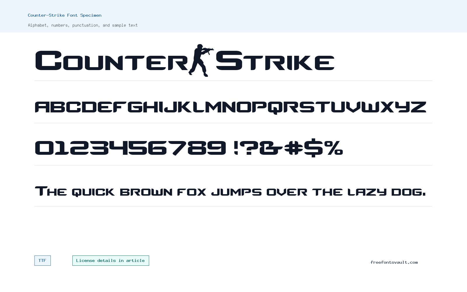 Counter-Strike font specimen showing alphabet, numbers, and sample text