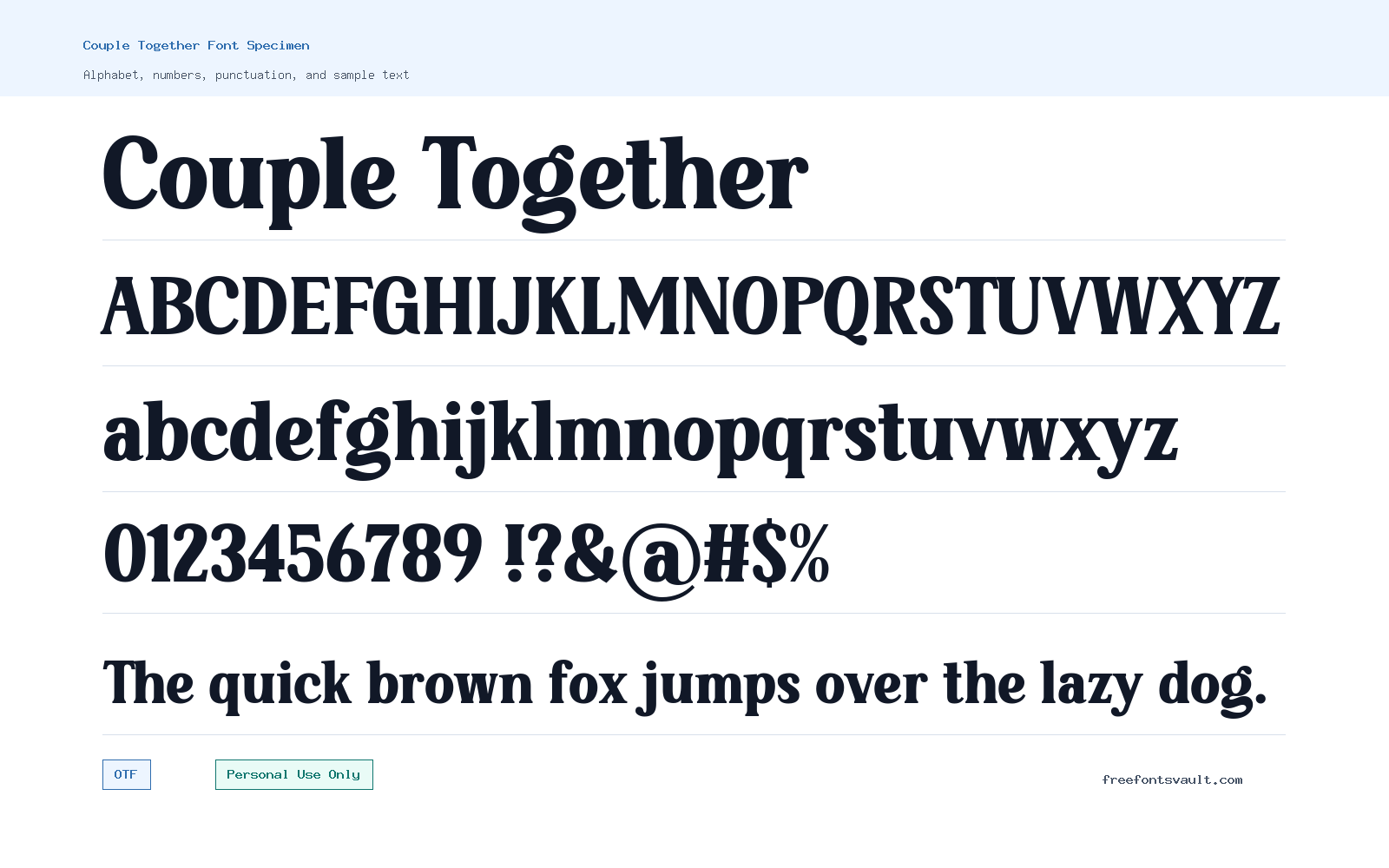Couple Together font specimen showing alphabet, numbers, and sample text