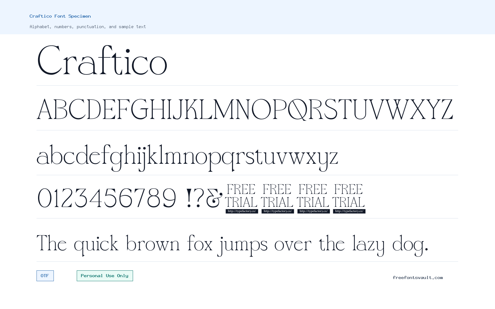 Craftico font specimen showing alphabet, numbers, and sample text