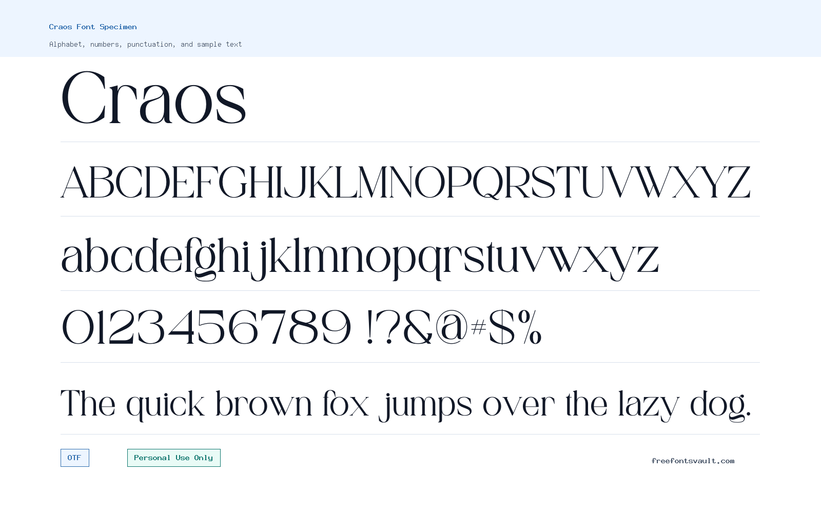 Craos font specimen showing alphabet, numbers, and sample text