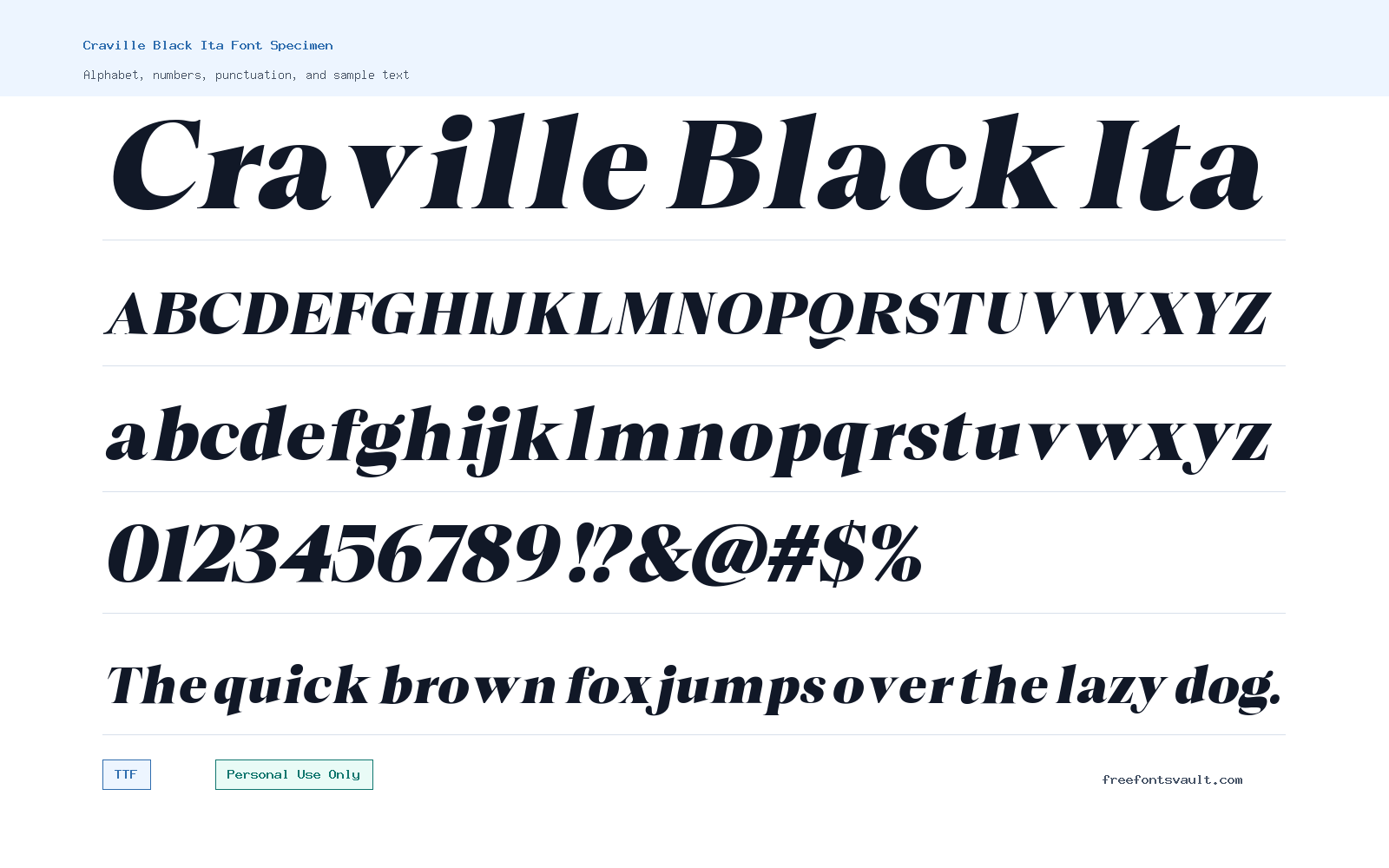 Craville Black Ita font specimen showing alphabet, numbers, and sample text