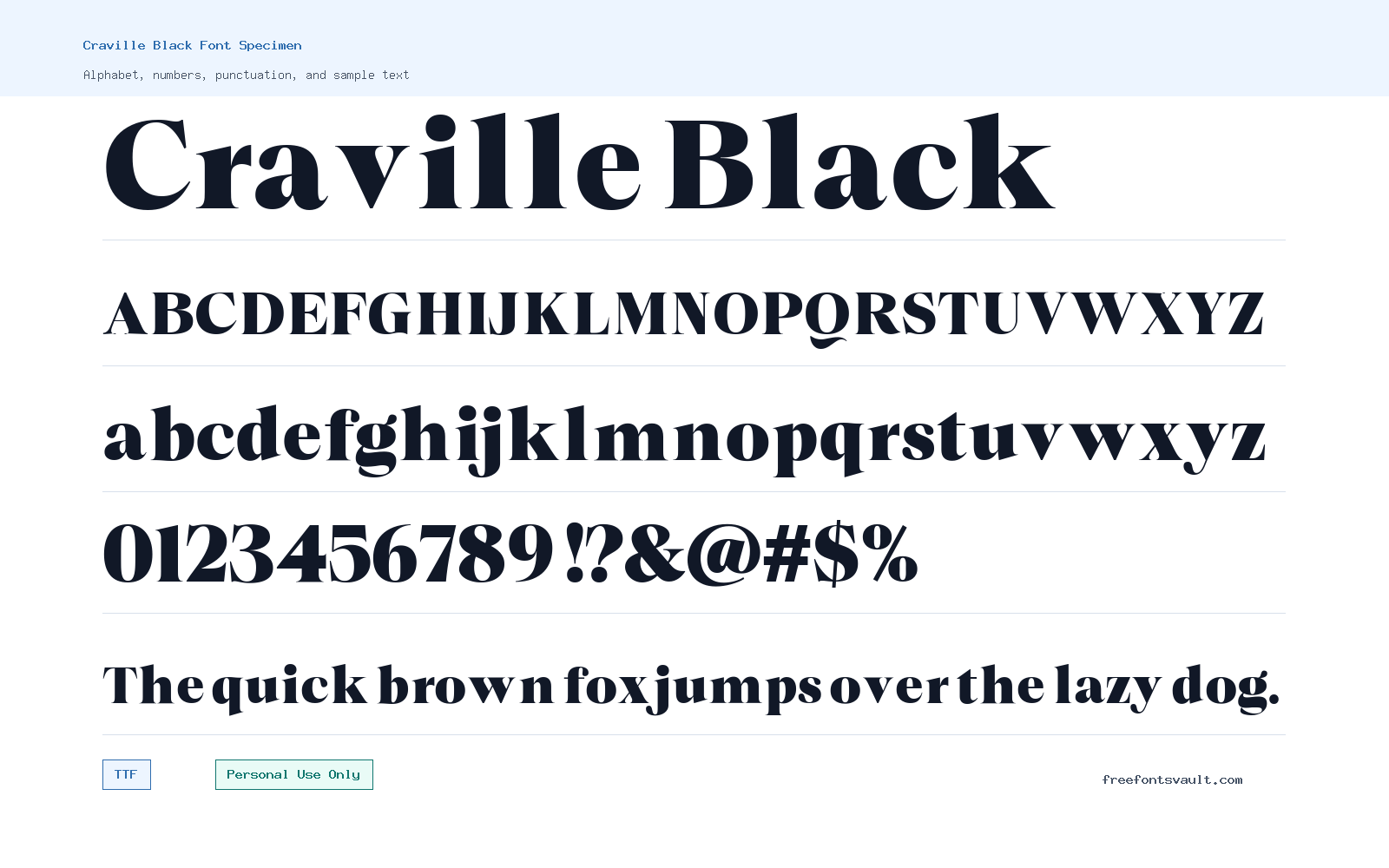 Craville Black font specimen showing alphabet, numbers, and sample text