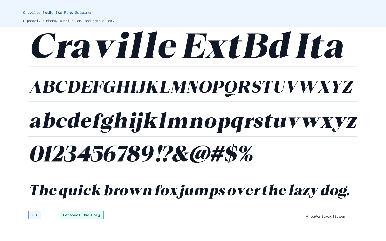 Craville ExtBd Ita font specimen showing alphabet, numbers, and sample text