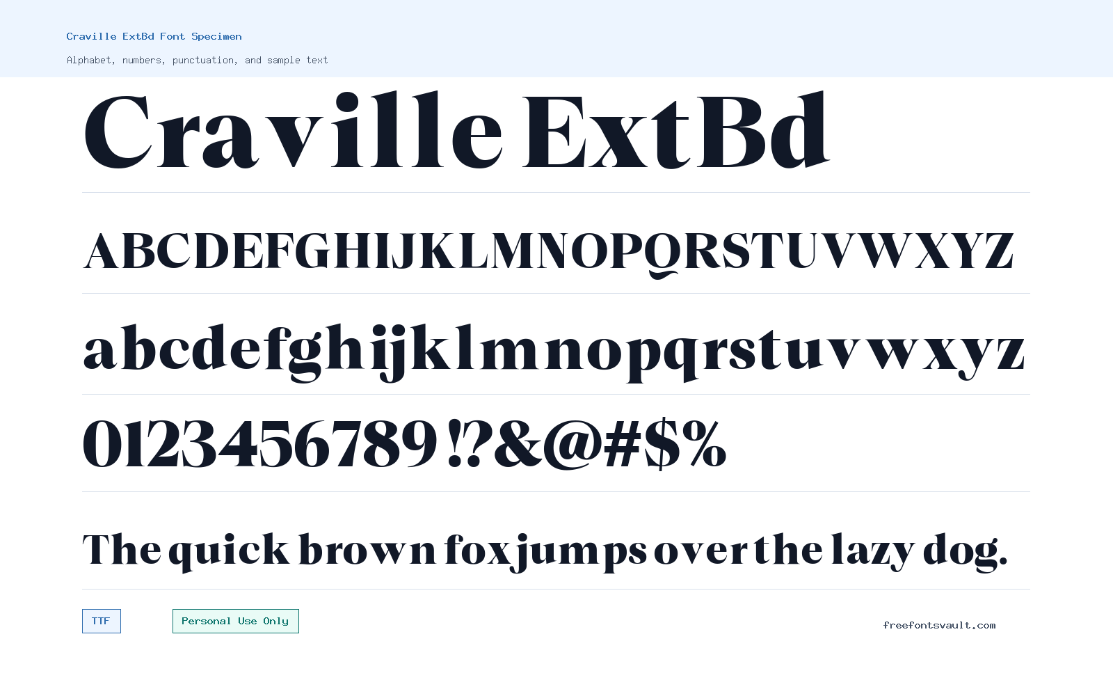 Craville ExtBd font specimen showing alphabet, numbers, and sample text