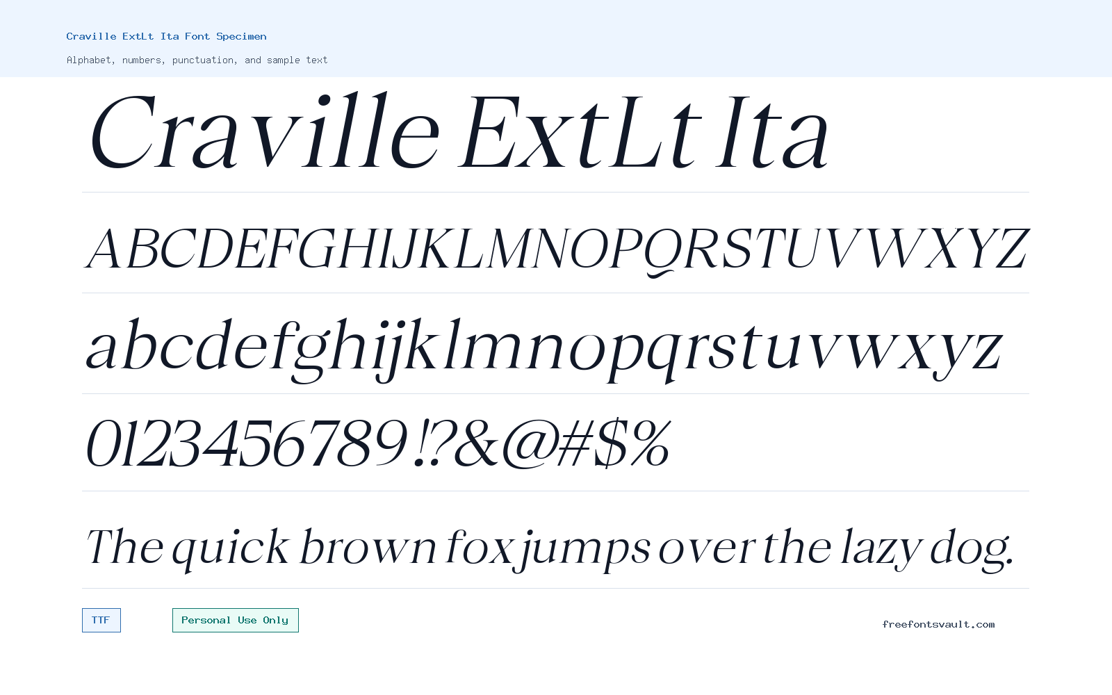 Craville ExtLt Ita font specimen showing alphabet, numbers, and sample text