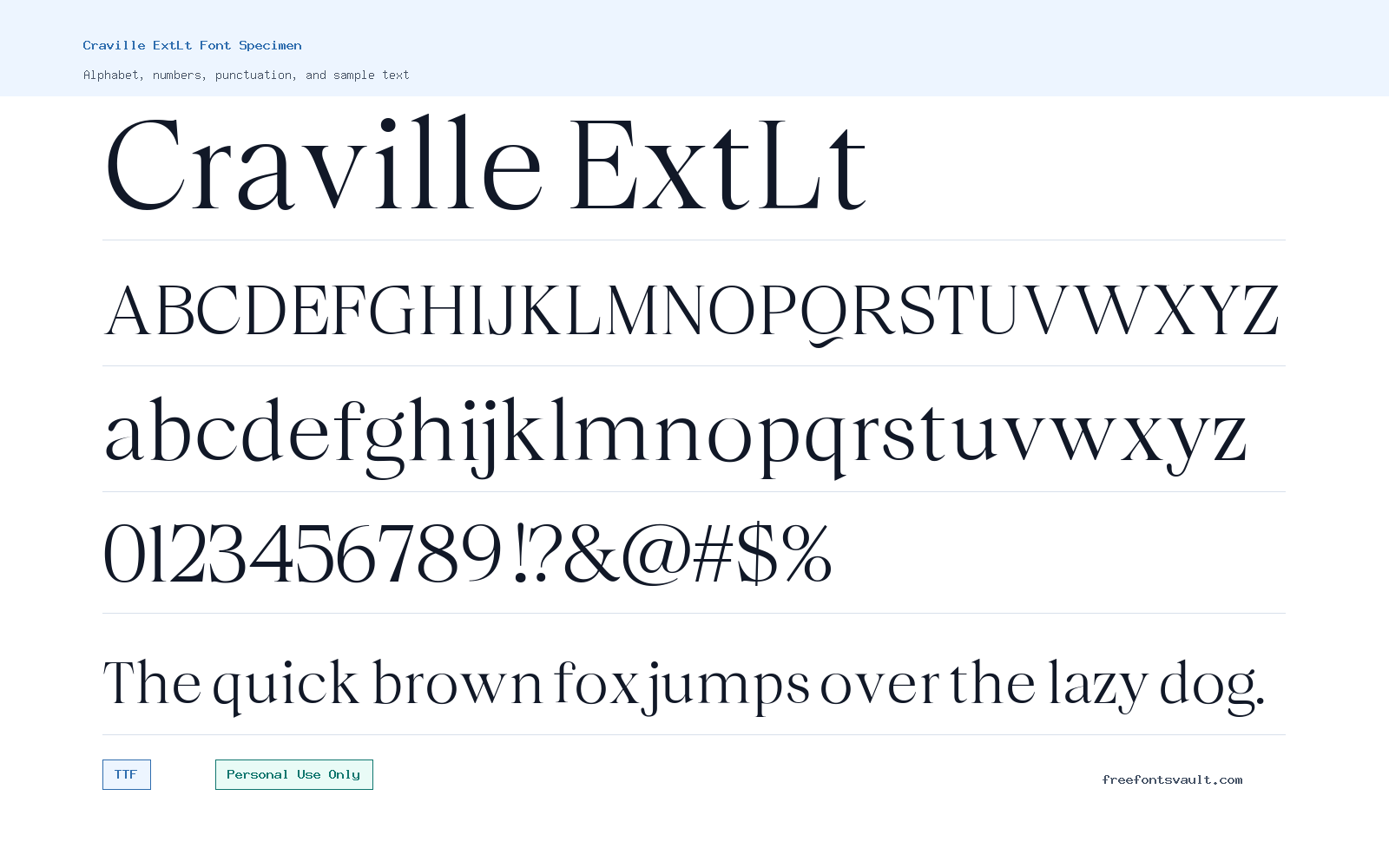 Craville ExtLt font specimen showing alphabet, numbers, and sample text