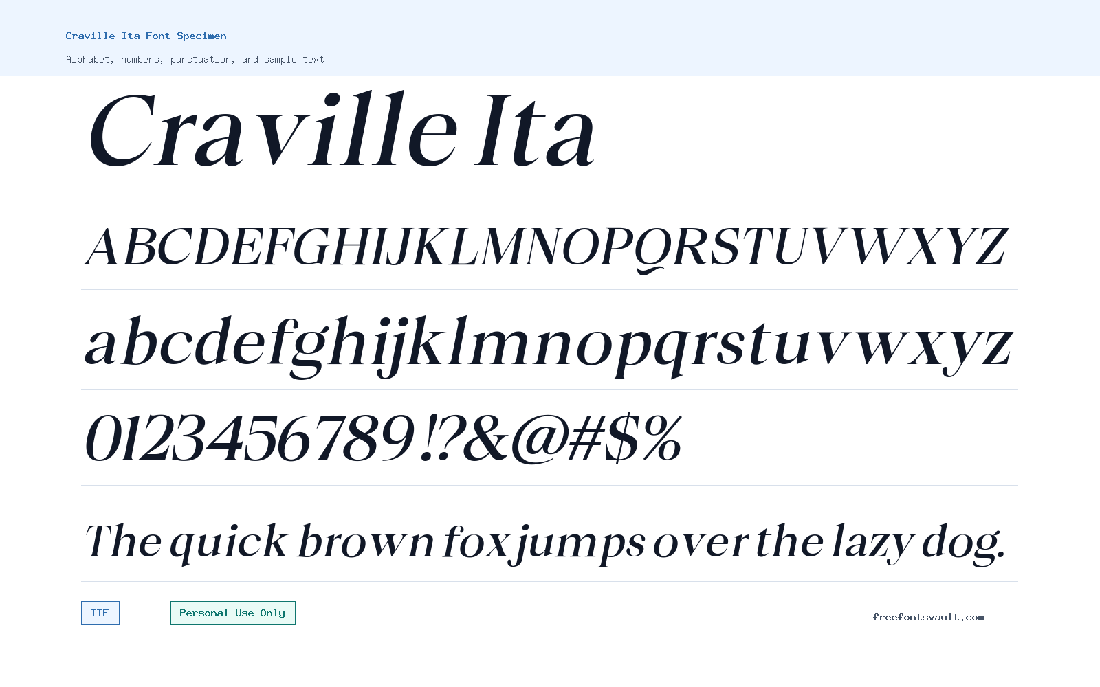 Craville Ita font specimen showing alphabet, numbers, and sample text