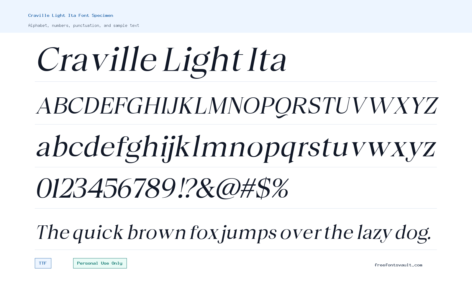 Craville Light Ita font specimen showing alphabet, numbers, and sample text