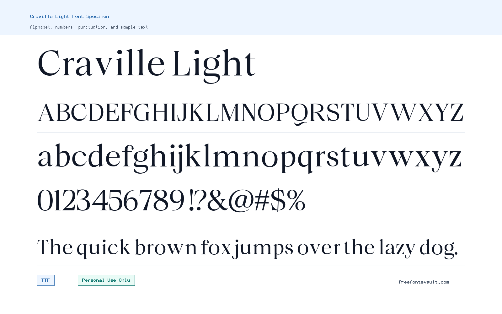 Craville Light font specimen showing alphabet, numbers, and sample text