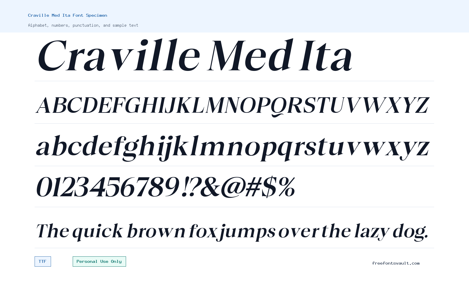 Craville Med Ita font specimen showing alphabet, numbers, and sample text