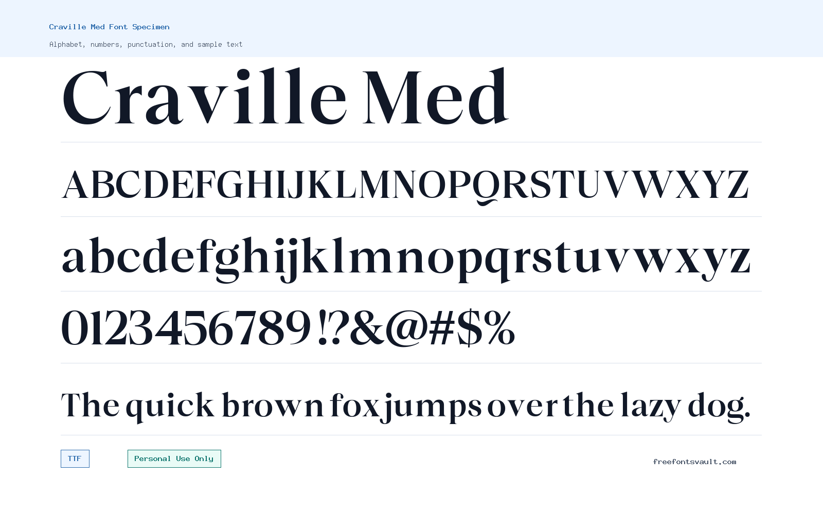 Craville Med font specimen showing alphabet, numbers, and sample text