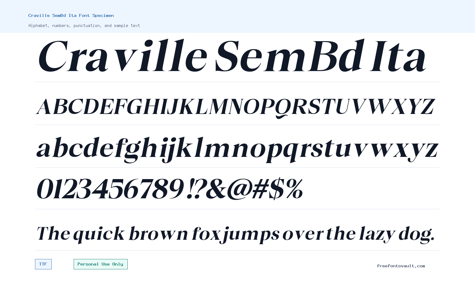 Craville SemBd Ita font specimen showing alphabet, numbers, and sample text