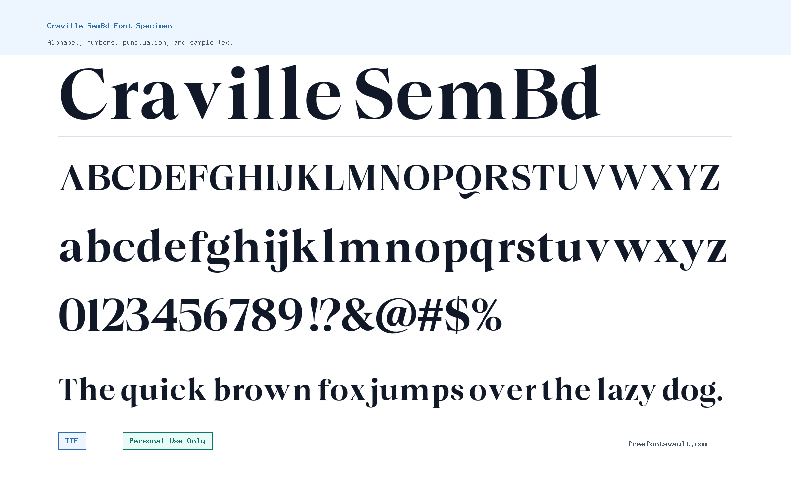 Craville SemBd font specimen showing alphabet, numbers, and sample text