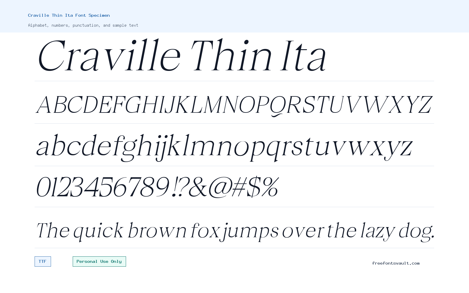 Craville Thin Ita font specimen showing alphabet, numbers, and sample text