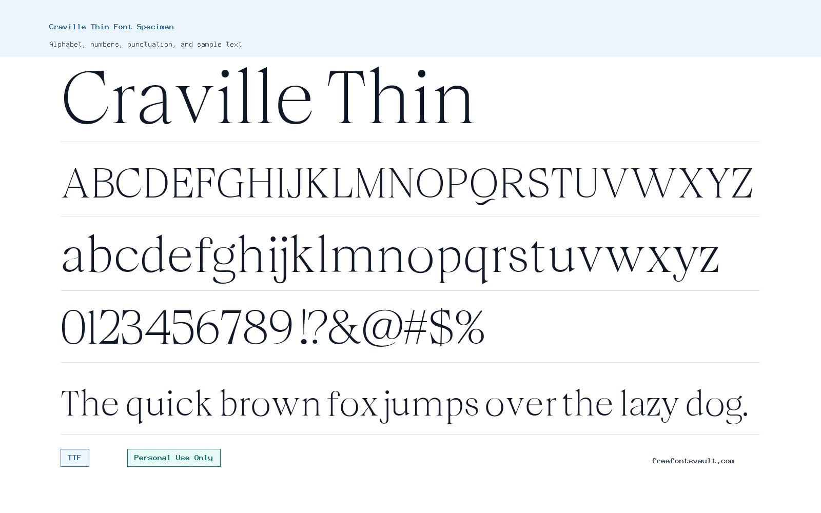 Craville Thin font specimen showing alphabet, numbers, and sample text