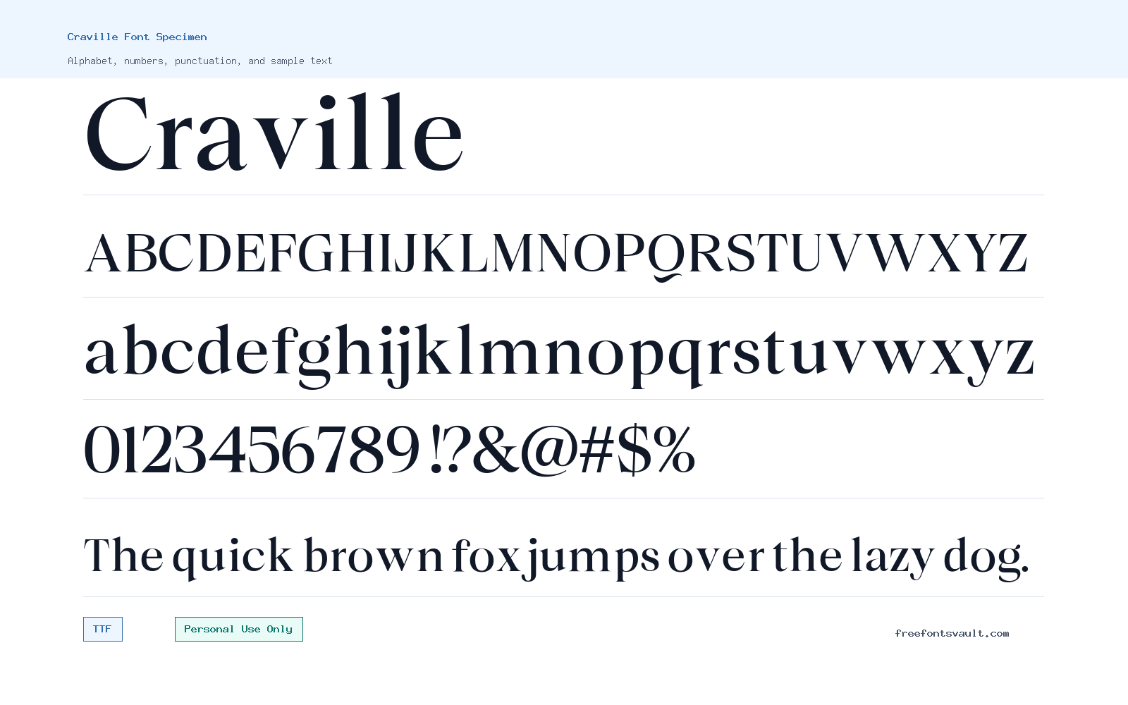 Craville font specimen showing alphabet, numbers, and sample text