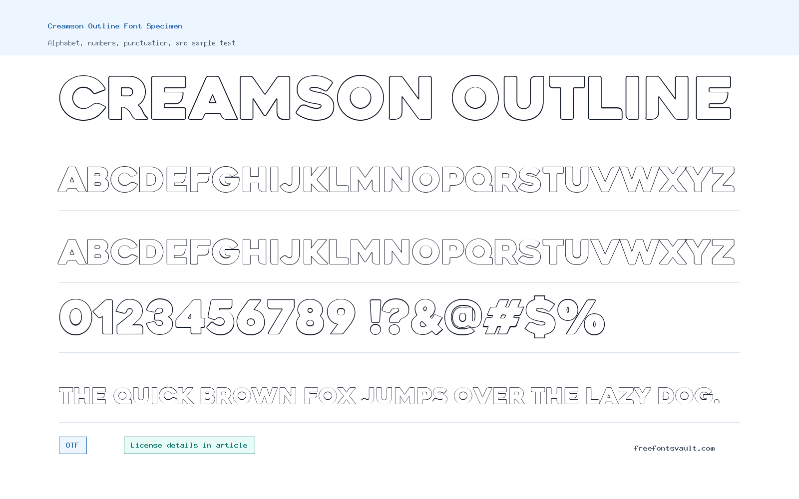 Creamson Outline font specimen showing alphabet, numbers, and sample text