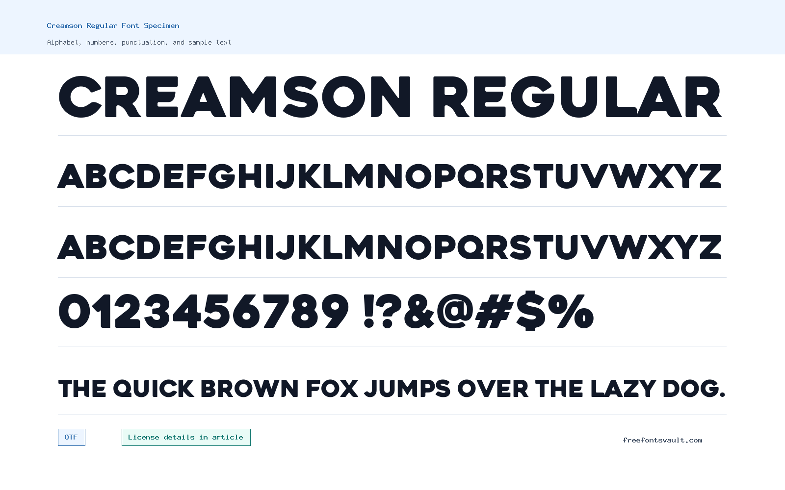 Creamson Regular font specimen showing alphabet, numbers, and sample text