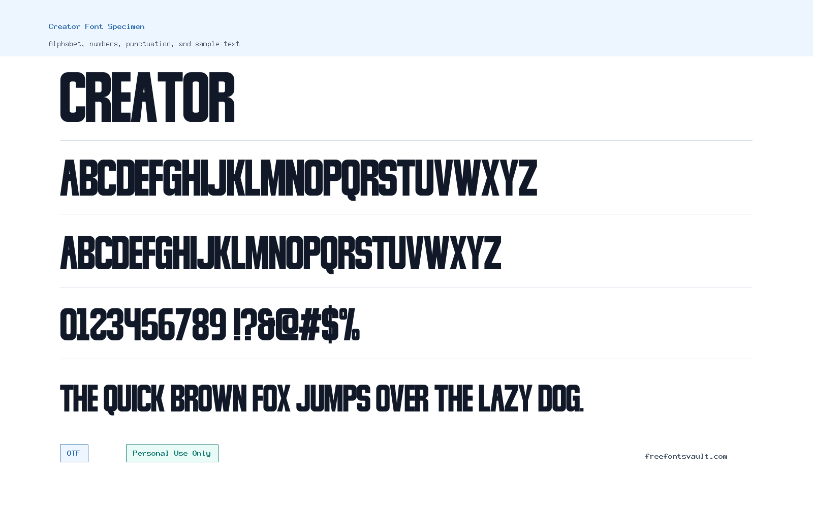 Creator font specimen showing alphabet, numbers, and sample text