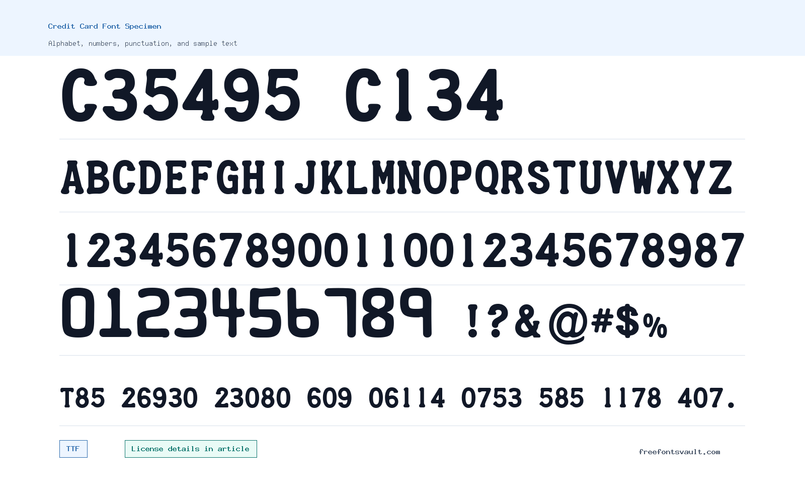 Credit Card font specimen showing alphabet, numbers, and sample text
