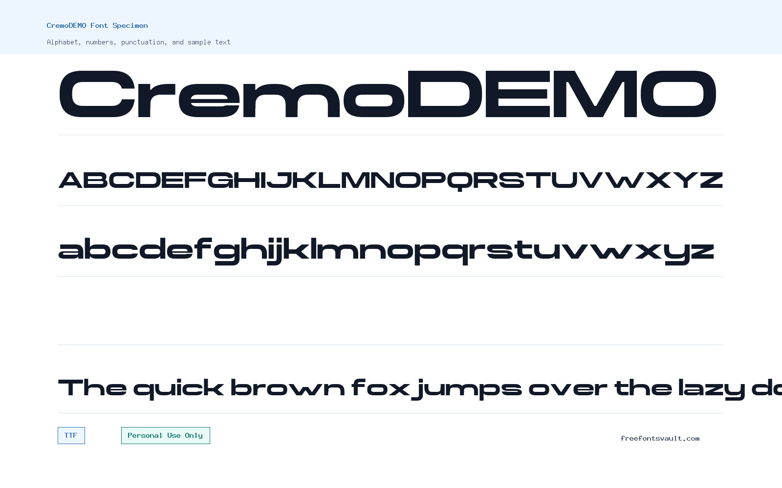 CremoDEMO font specimen showing alphabet, numbers, and sample text