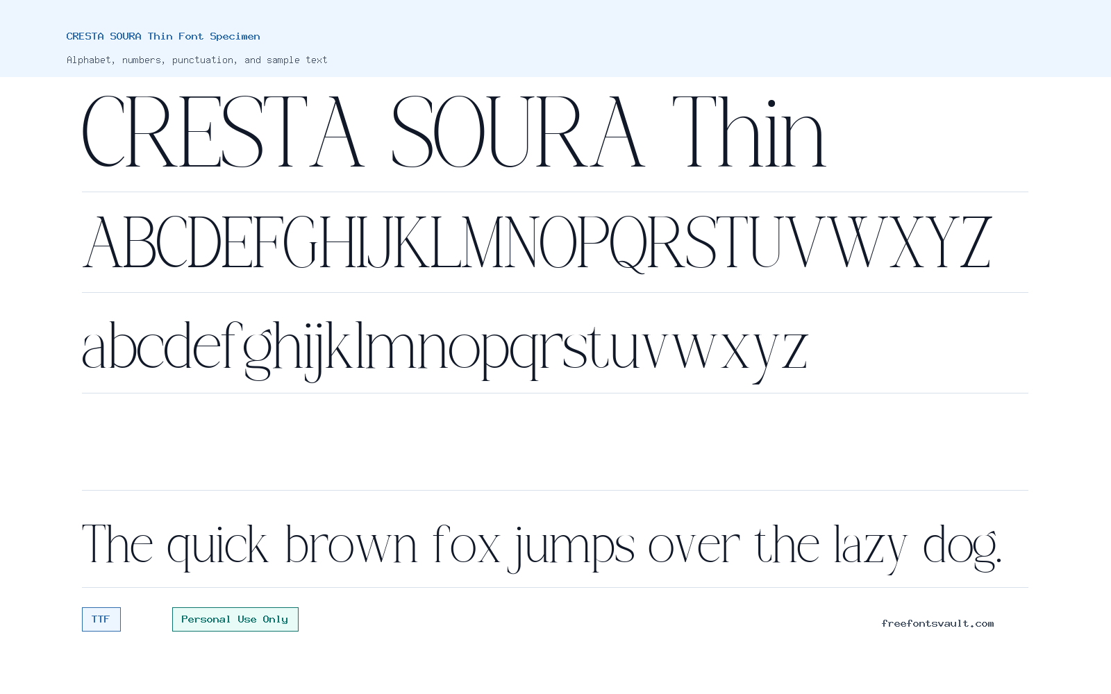 CRESTA SOURA Thin font specimen showing alphabet, numbers, and sample text