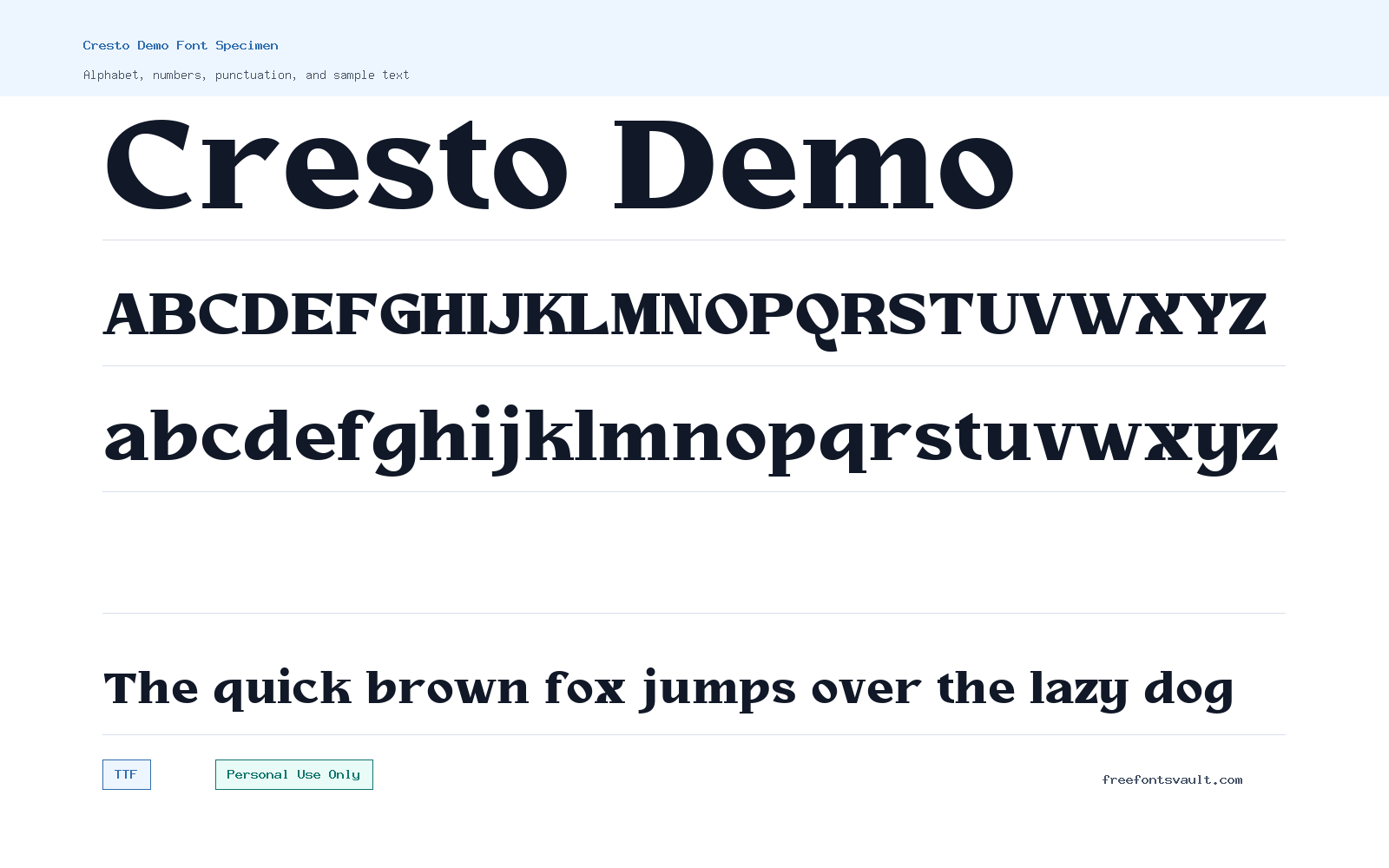 Cresto Demo font specimen showing alphabet, numbers, and sample text