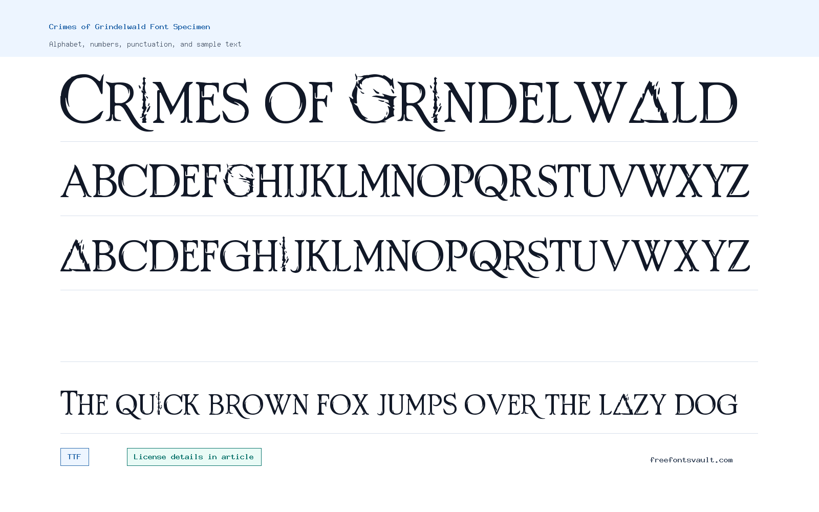 Crimes of Grindelwald font specimen showing alphabet, numbers, and sample text